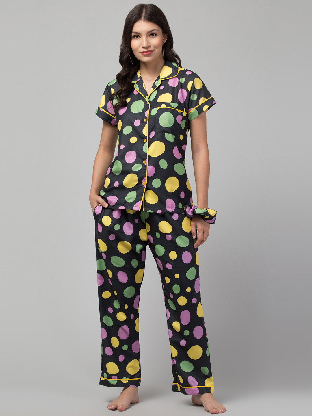 FFLIRTYGO Polka Dots Printed Lapel Collar Shirt With Pyjamas