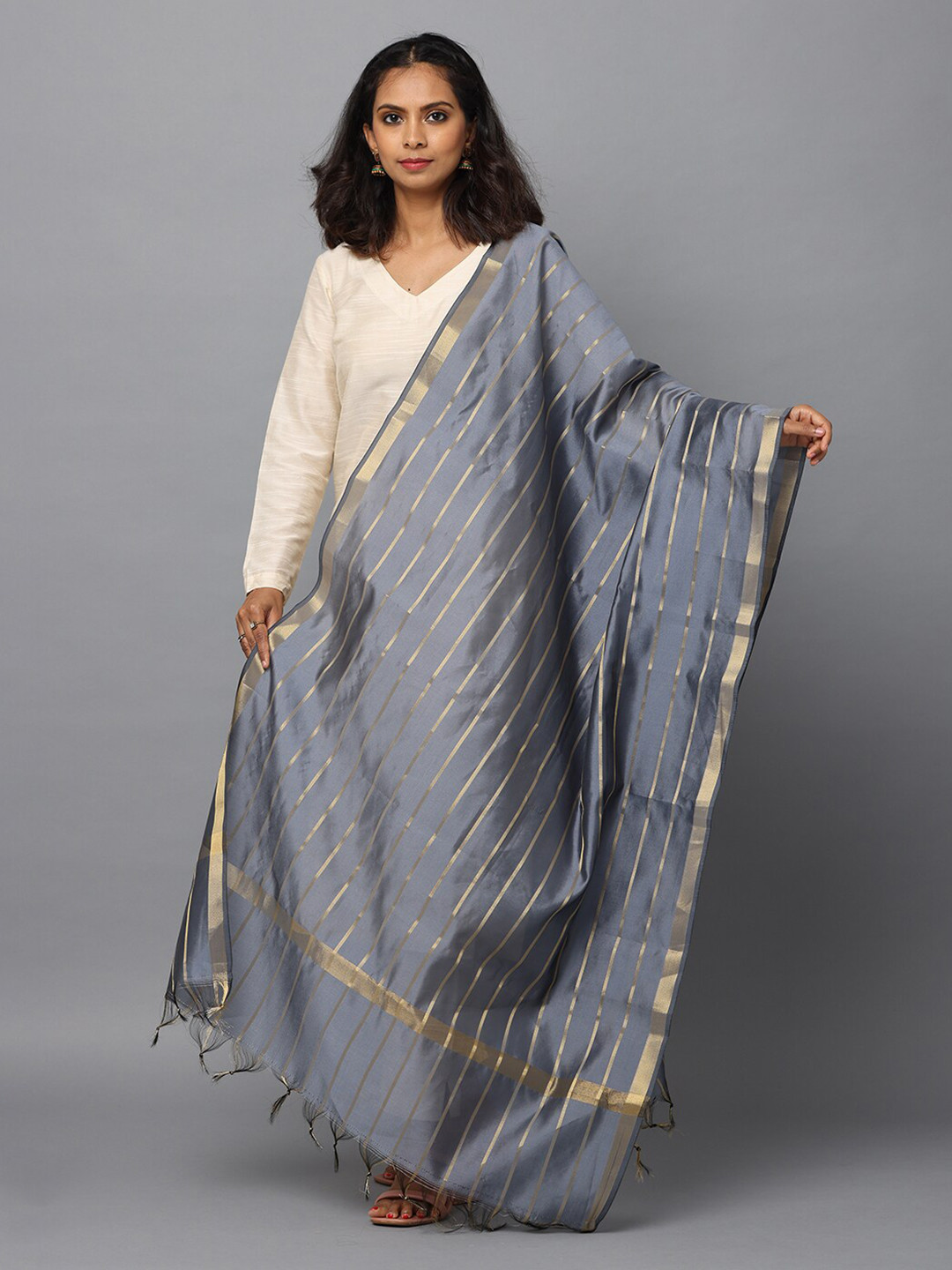 HELLA FASHIONS Striped Woven Design Chanderi Dupatta With Zari
