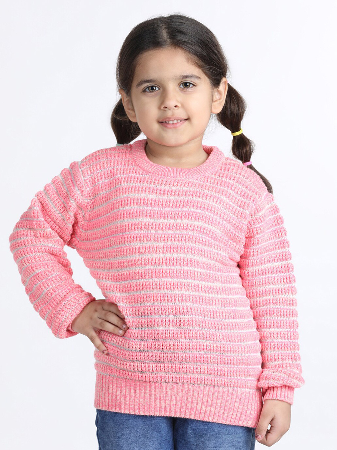 Wingsfield Girls Self Design Round Neck Pullover Sweater