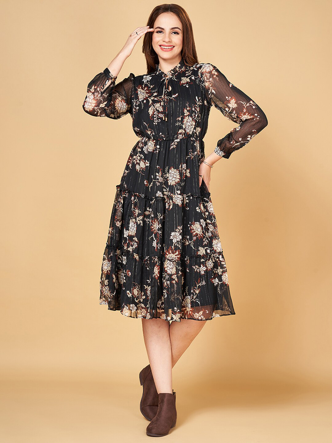 Honey by Pantaloons Floral Printed Tie-Up Neck Tiered Fit & Flare Drees