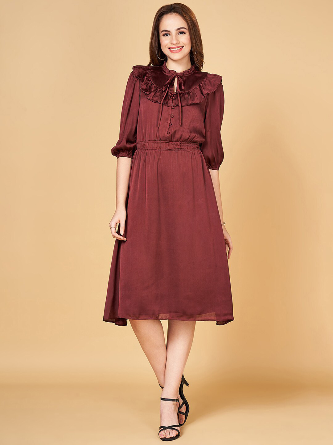Honey by Pantaloons Puff Sleeves Tie-Up Neck A-Line Dress