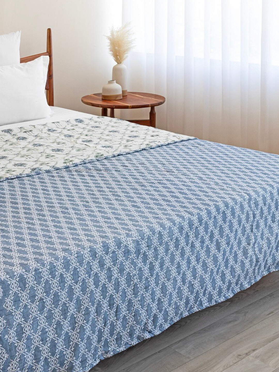 HOMEMONDE Blue Grey & White Ethnic Motifs AC Room Cotton 150 GSM Reversible Single Bed Dohar