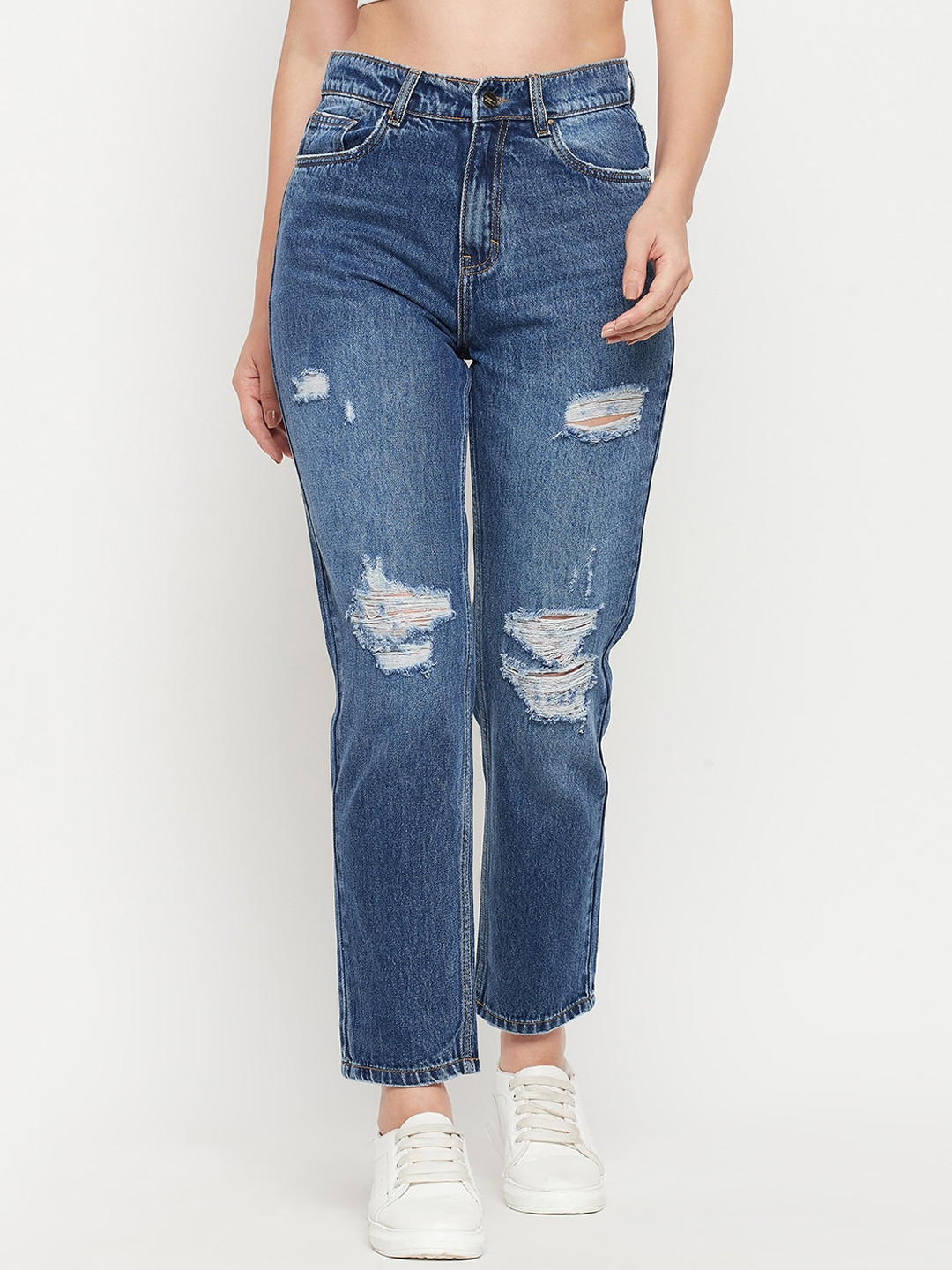 Madame Women Mildly Distressed Comfort Cotton Mom Fit Light Fade Jeans
