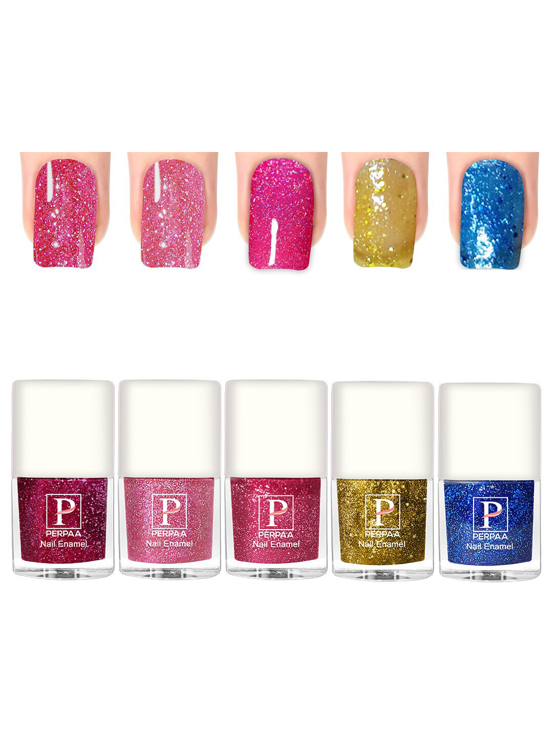 PERPAA 5Pcs Glitter Light UV Gel Nail Polish - Pink-Baby Pink-Light Pink-Yellow-Turquoise