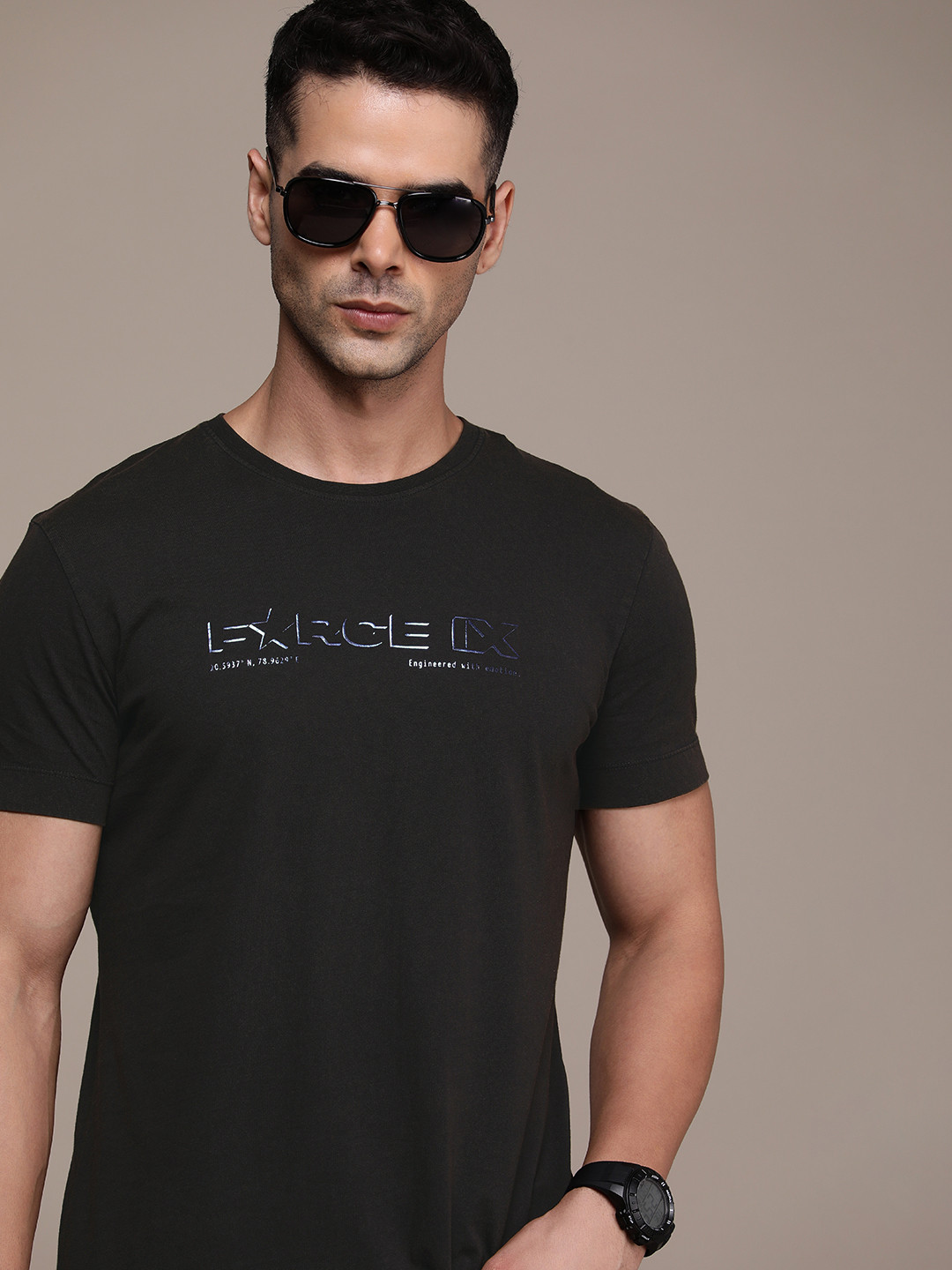 FORCE IX Men Black & french middle red purple Brand Logo Printed Pure Cotton T-shirt