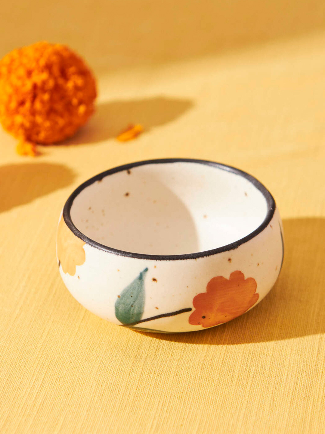 Chumbak Marigold White Hand Painted Printed Ceramic Matte Dessert Bowl 150 ml