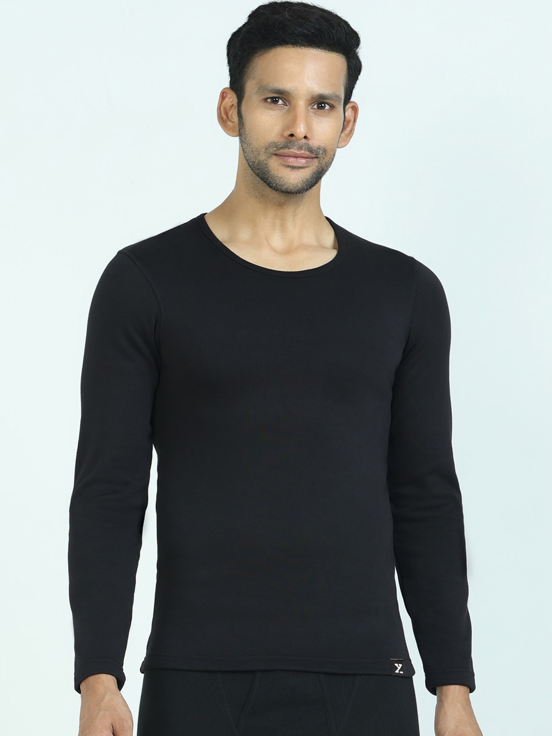 XYXX Men Skinny Fit Solid Pitch Black Fleece Thermal