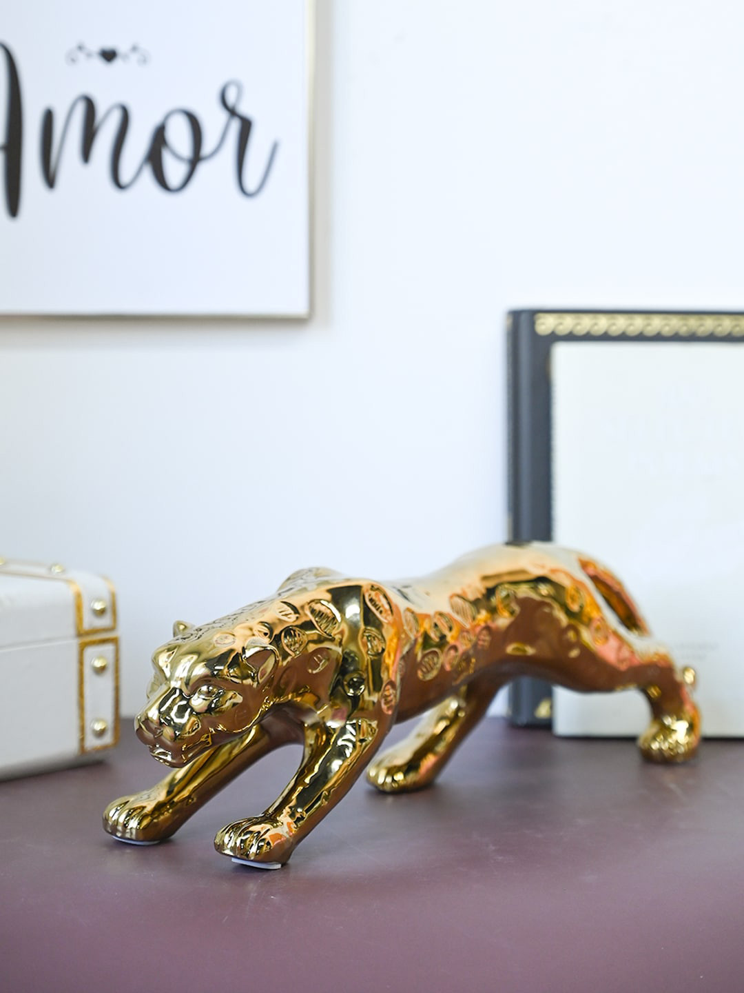 MARKET99 Leopard Gold Ceramic Glossy Living Room Tiny Showpiece - 4.7 Inches