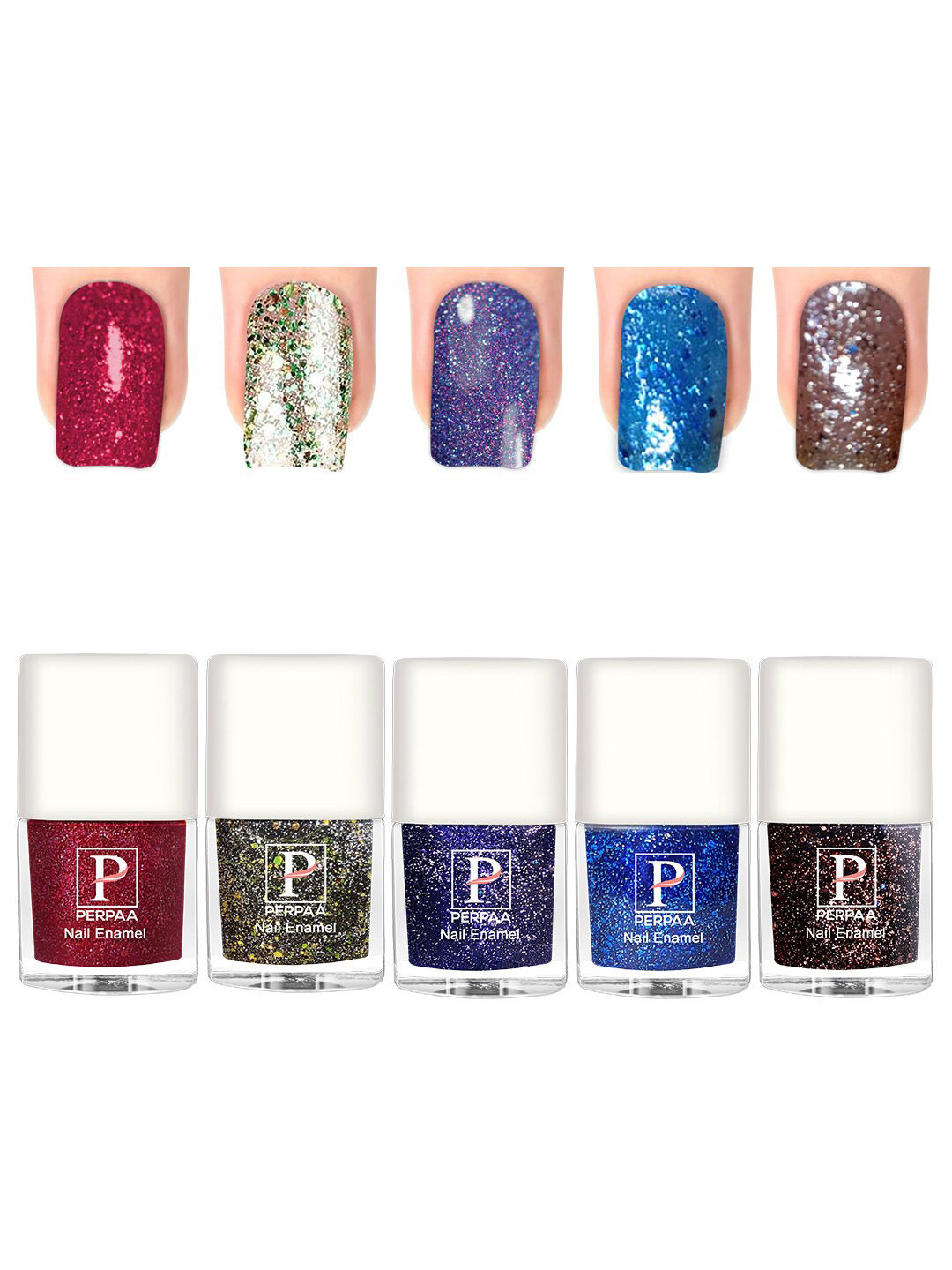 PERPAA 5Pc Long Lasting UVGel Nail Polish - 5ml Each - Red-Green-Blue-Turquoise-Brown