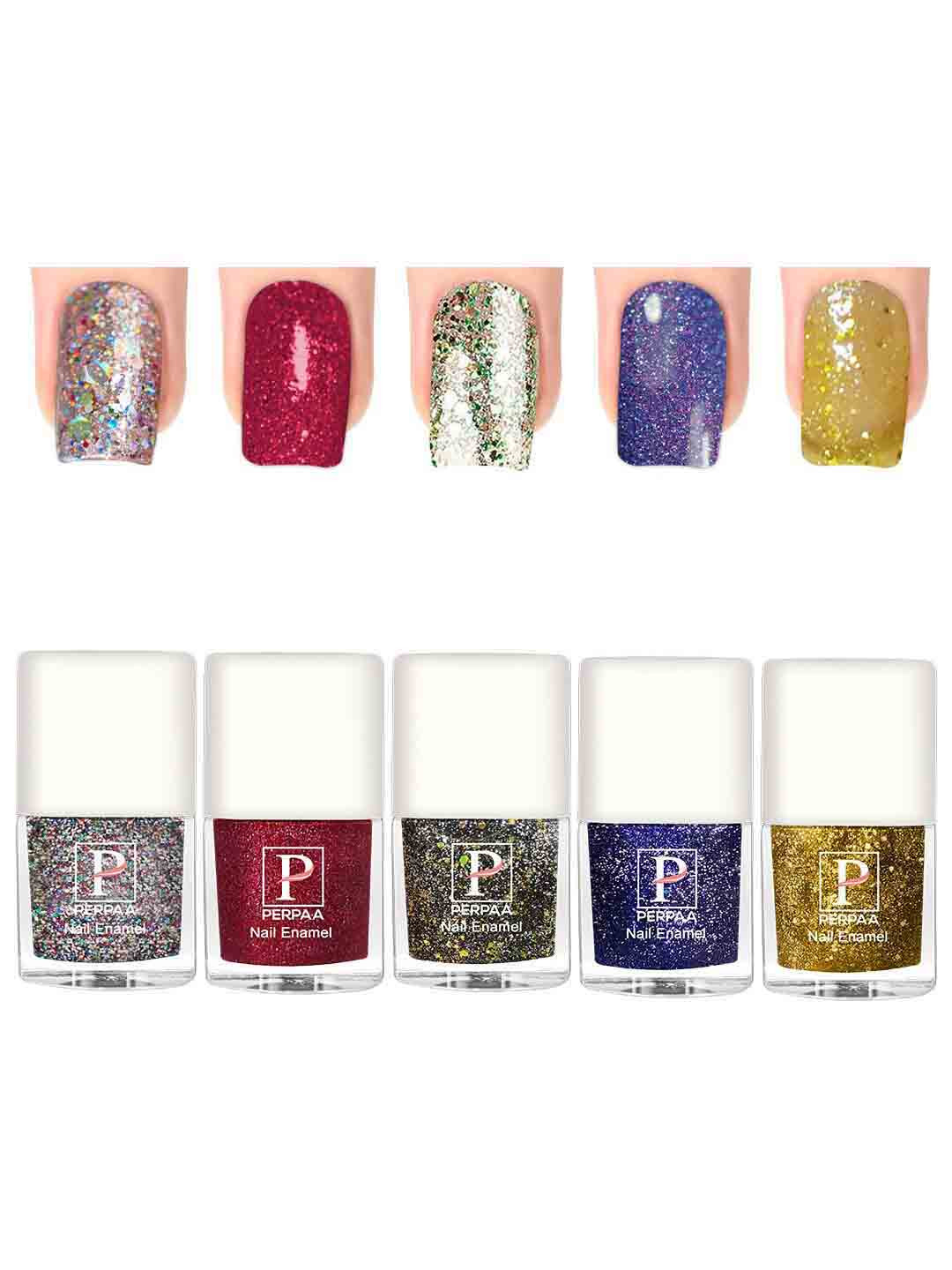 PERPAA 5Pc Long Lasting UV Gel Nail Polish - 5ml Each-Silver-Red-Green-Royal Blue-Yellow