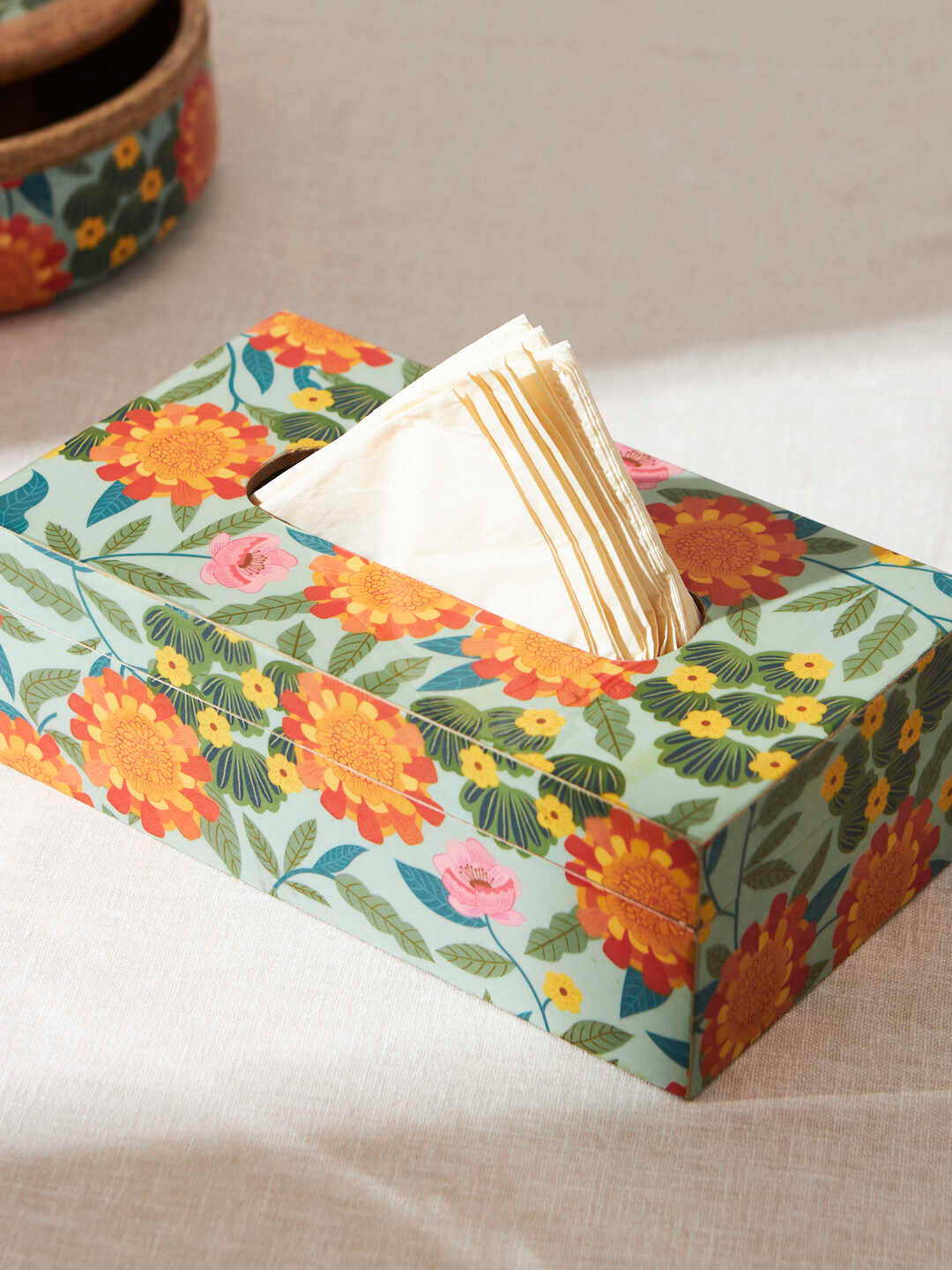 Chumbak Blue & Red Printed Wooden Tissue Holder