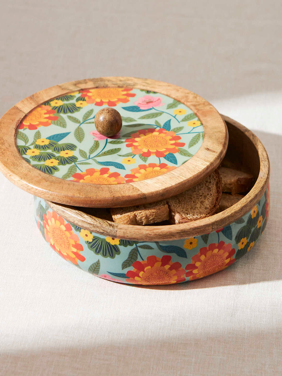 Chumbak Blue Floral Wood Hand-Painted Screw Top Box Container Set