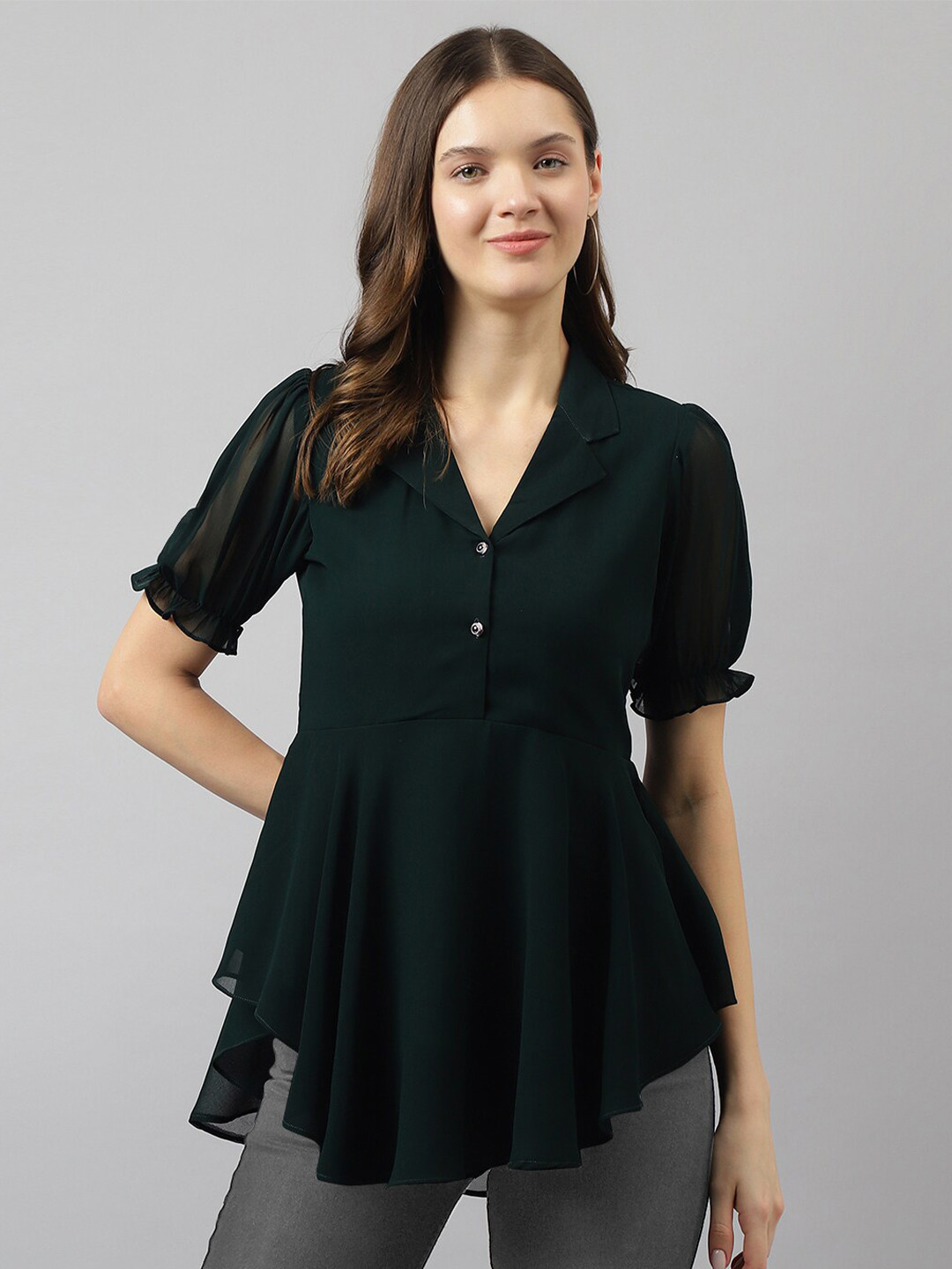 KERI PERRY Cuban Collar Puffed Sleeves Georgette High Low Top