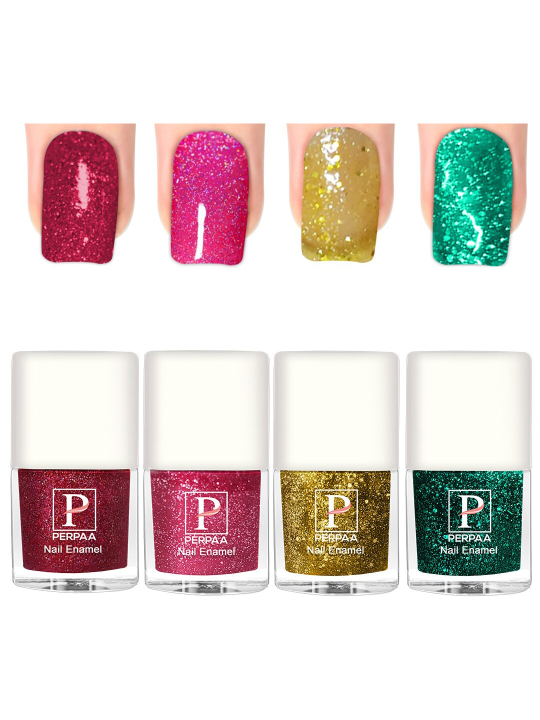 PERPAA 4Pcs Glitter Light UV Gel Nail Polish - 5ml Each-Light Pink-Yellow-Dark Green-Red