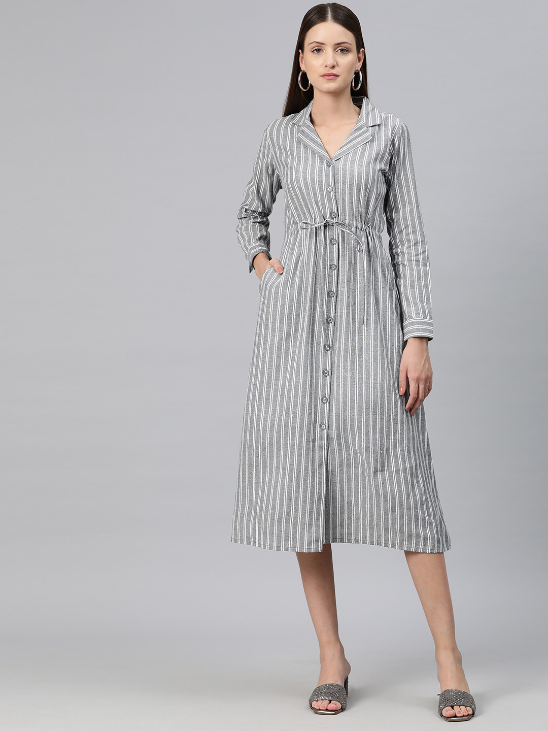 Cottinfab Striped Shirt Midi Dress with Tie-Up Detail
