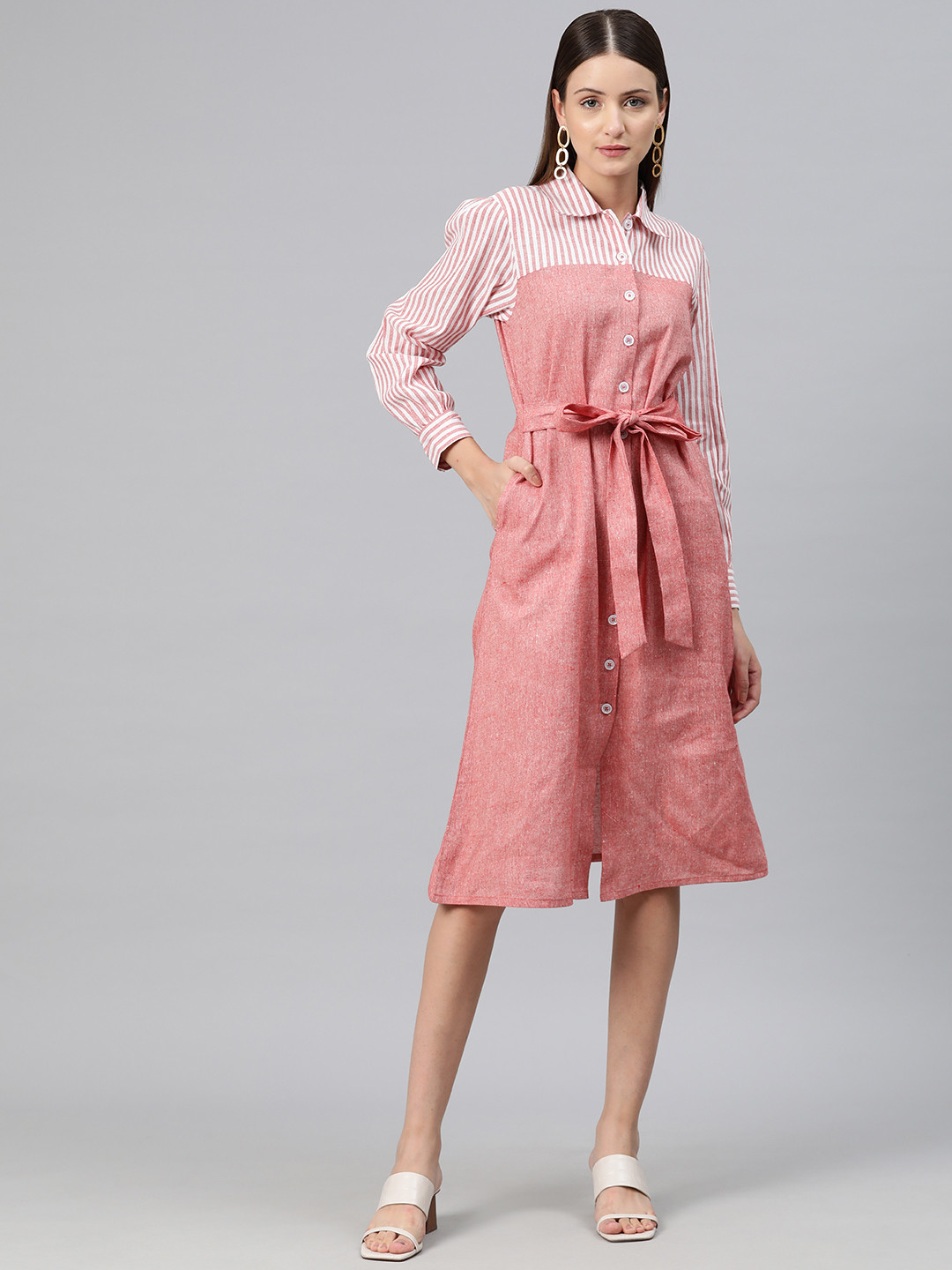 Cottinfab Striped Shirt Dress with Tie-Up Detail