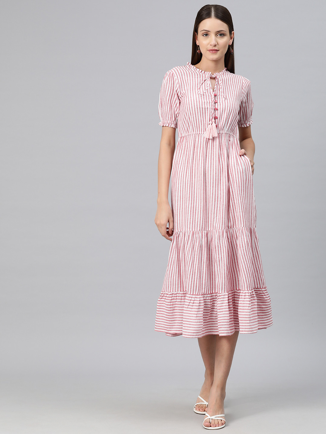 Cottinfab Striped Tie-Up Neck A-Line Midi Dress
