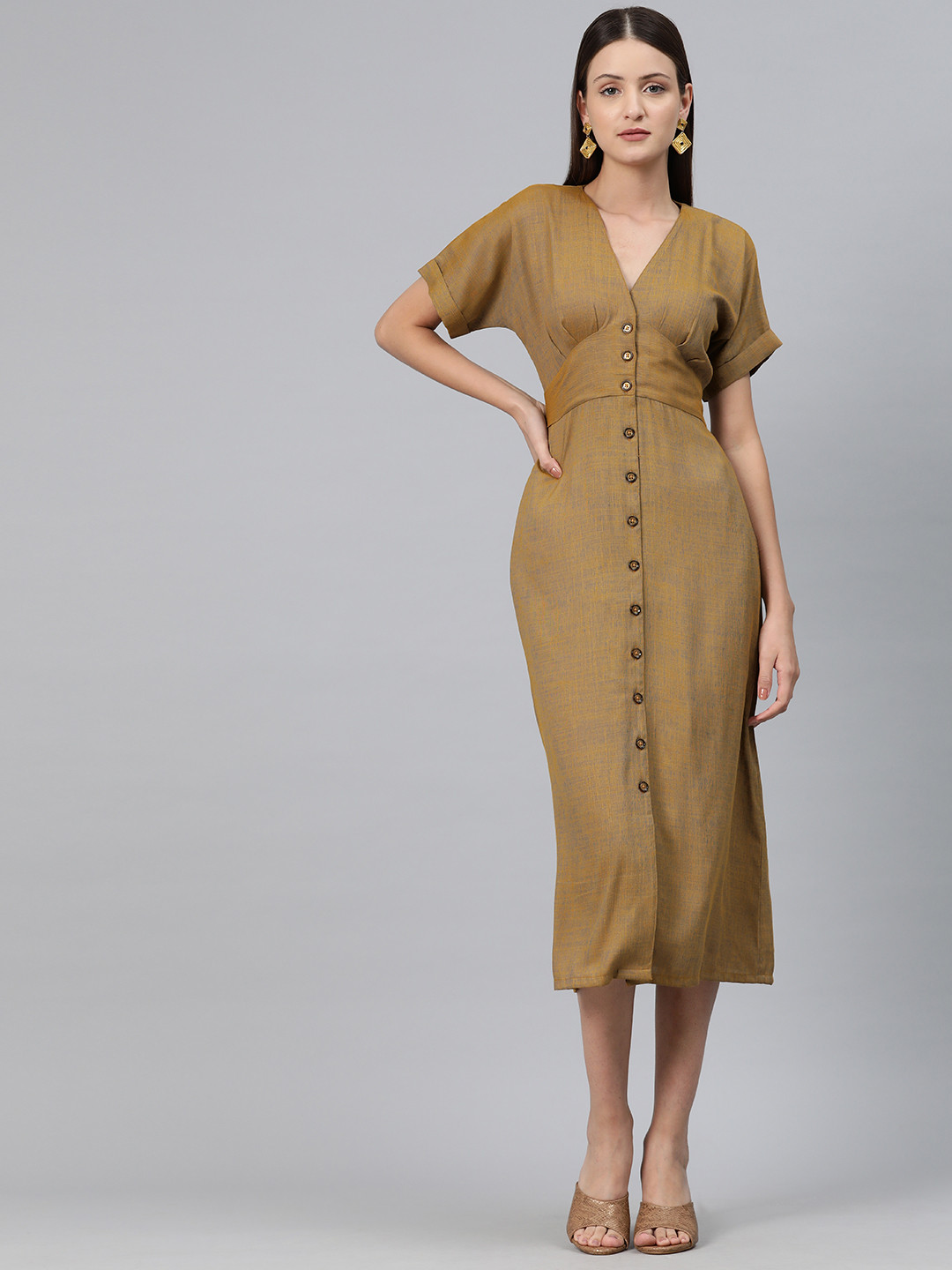 Cottinfab A-Line Midi Dress with Tie-Up Detail