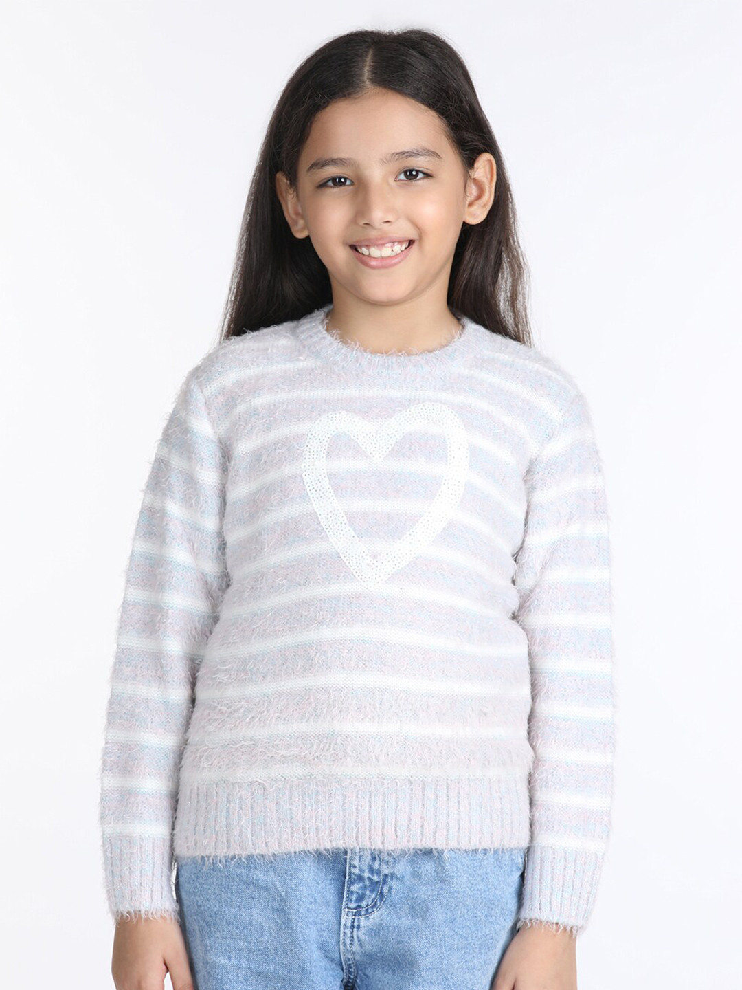 Wingsfield Girls Striped Self Design Embellished Detail Acrylic Pullover
