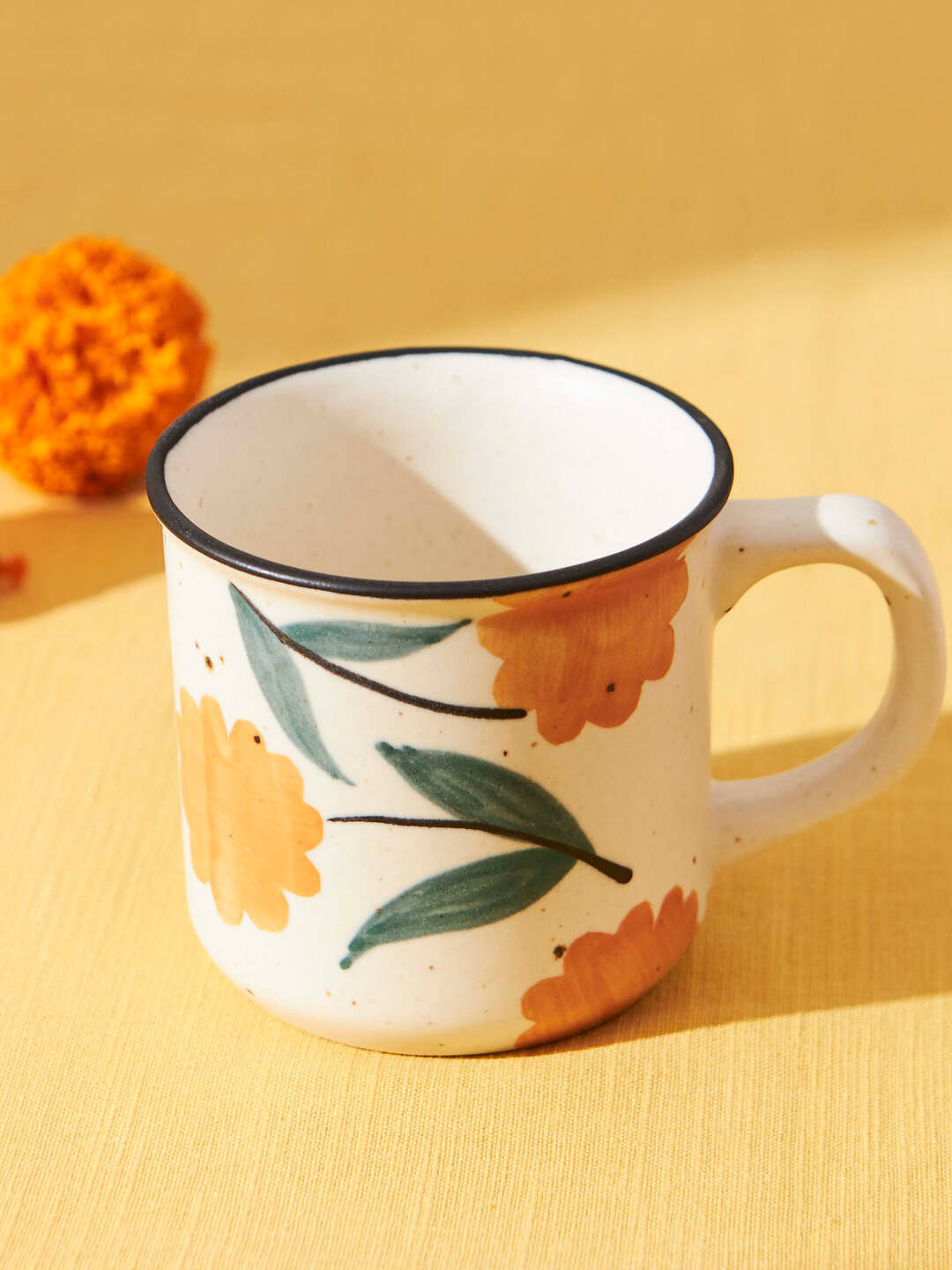 Chumbak Marigold White & Green Hand Painted Printed Ceramic Matte Mug 150 ml