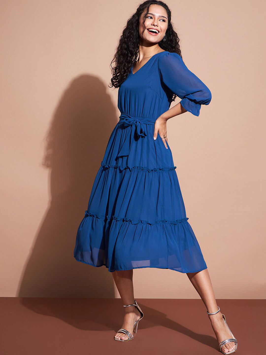 Deewa V-Neck Georgette Fit & Flare Dress
