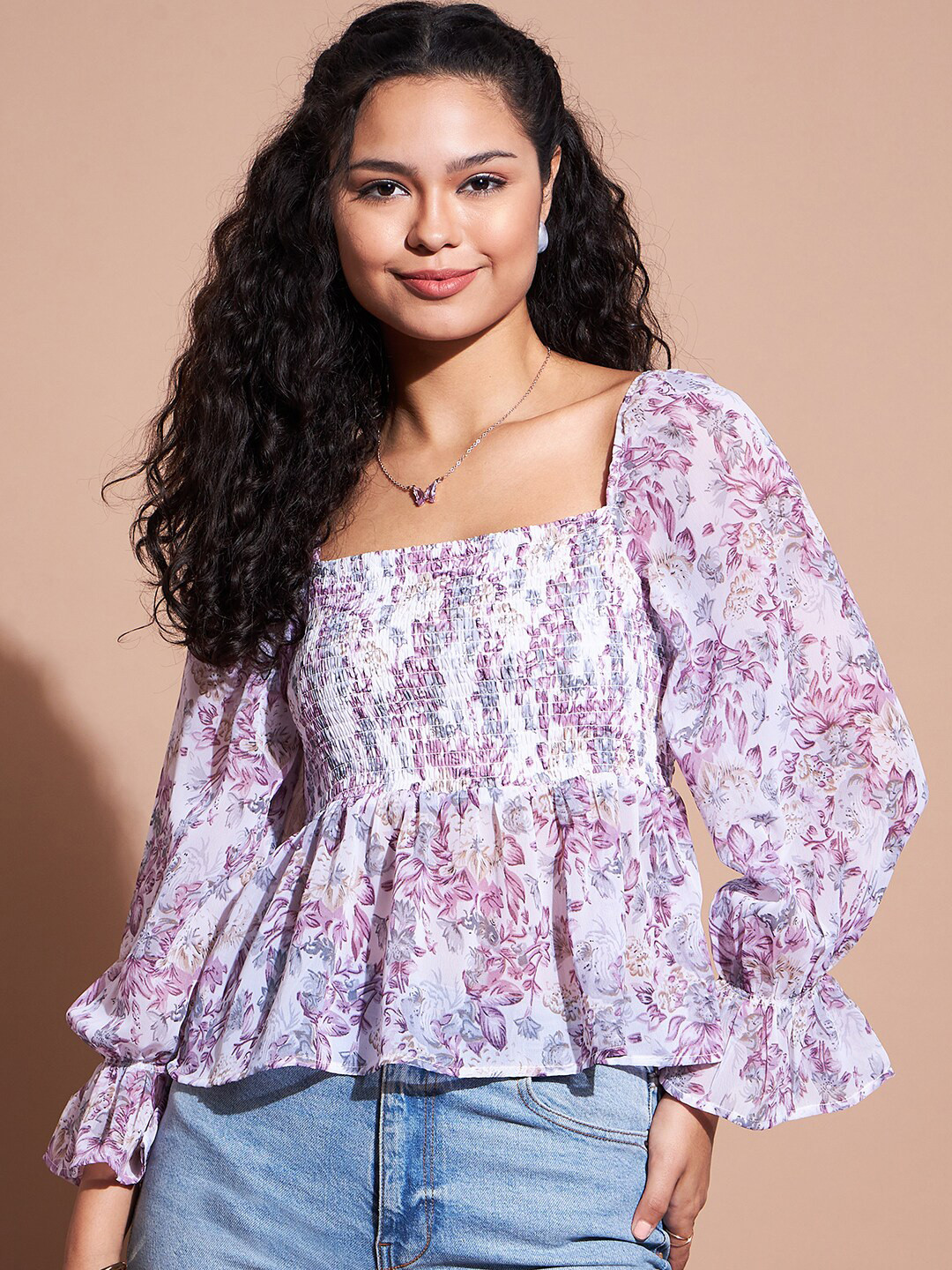 Deewa Floral Print Square Neck Puf Sleeve Georgette Top