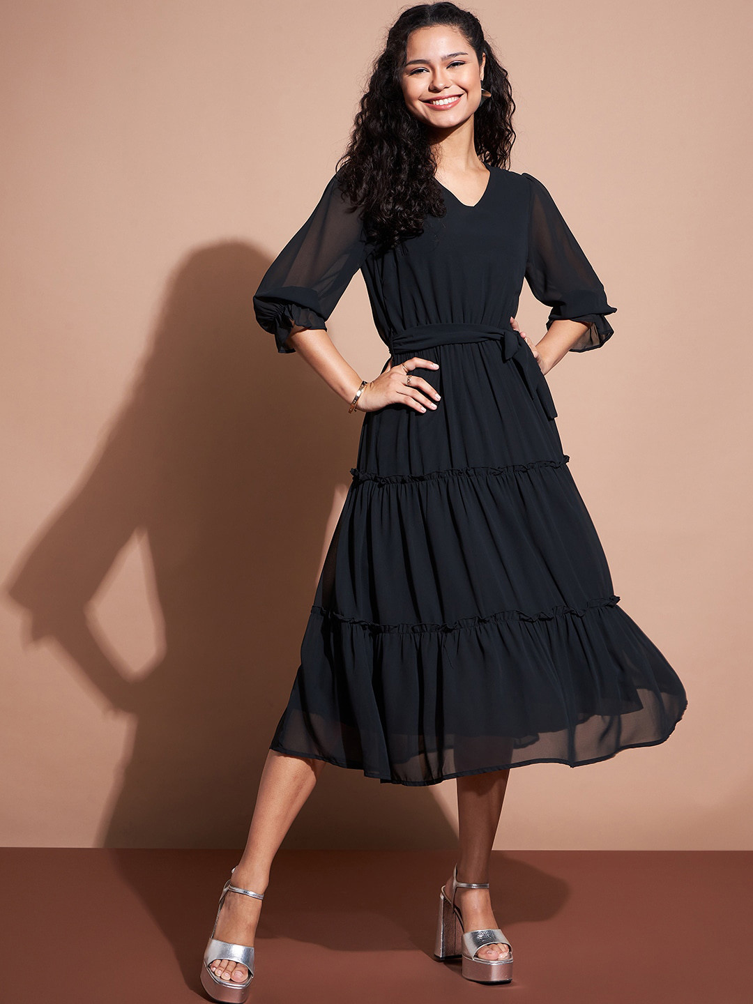Deewa V-Neck Puff Sleeves Ruffled Tiered Fit & Flare Midi Dress