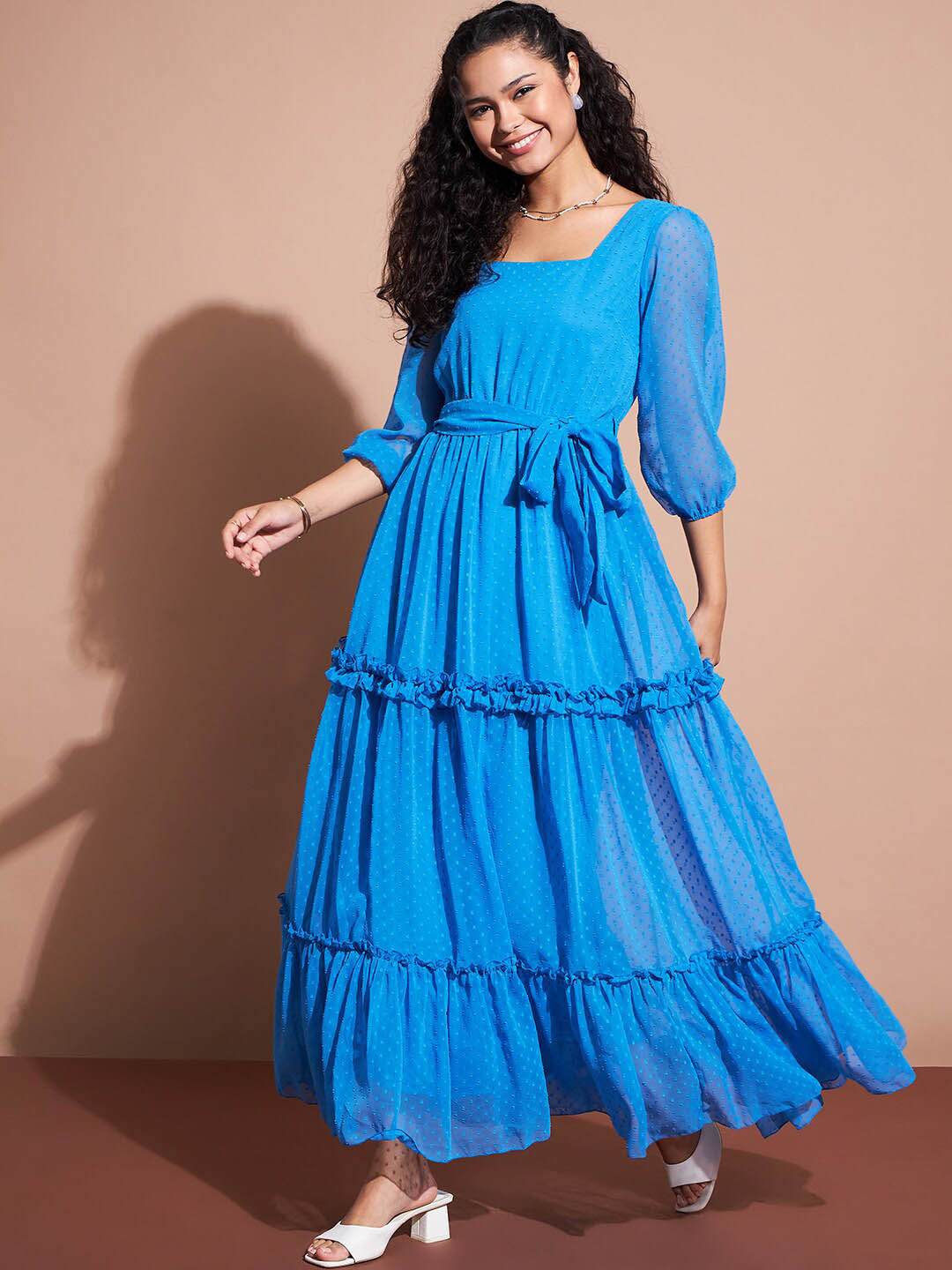 Deewa Self Design Square Neck Puff Sleeves Tiered Fit & Flare Maxi Dress