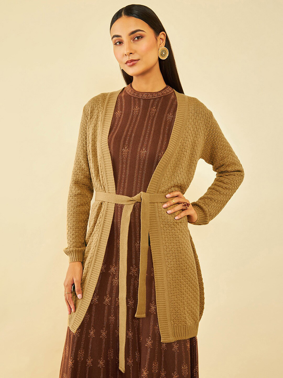 Soch Geometric Longline Acrylic Open Front Sweater