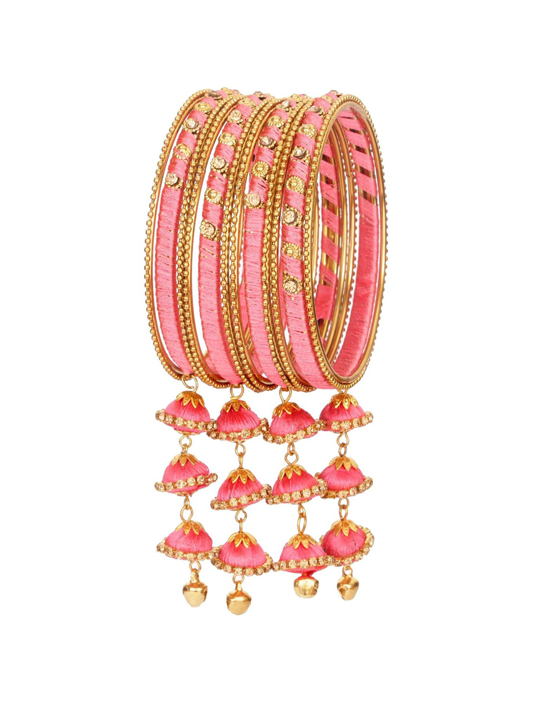 NMII Set Of 12 Metal With Silk Worked & Zircon Gemstone Latkan Studded Bangles
