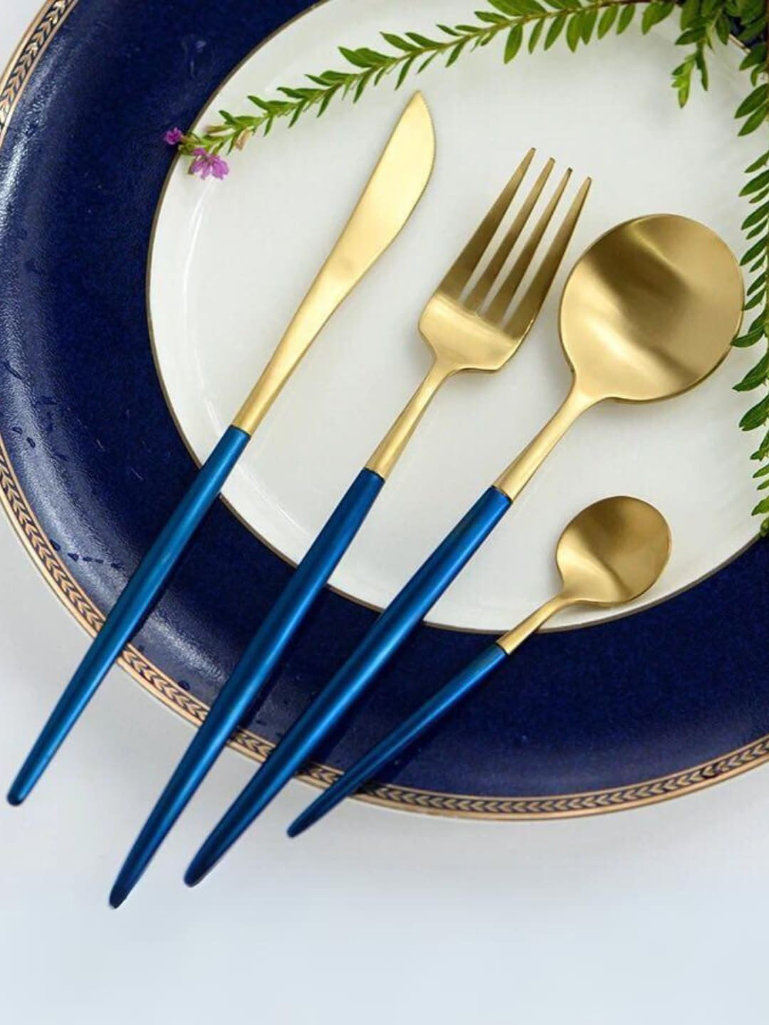 YELONA Blue & Gold Toned & 4 Pieces Stainless Steel Cutlery Set