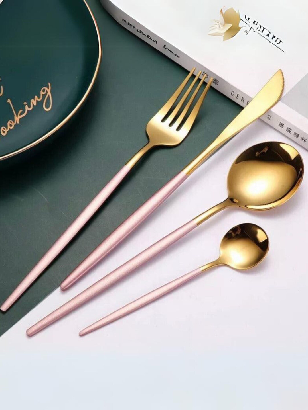 YELONA Premium 4 Pcs Pink & Golden Stainless Steel Cutlery Set