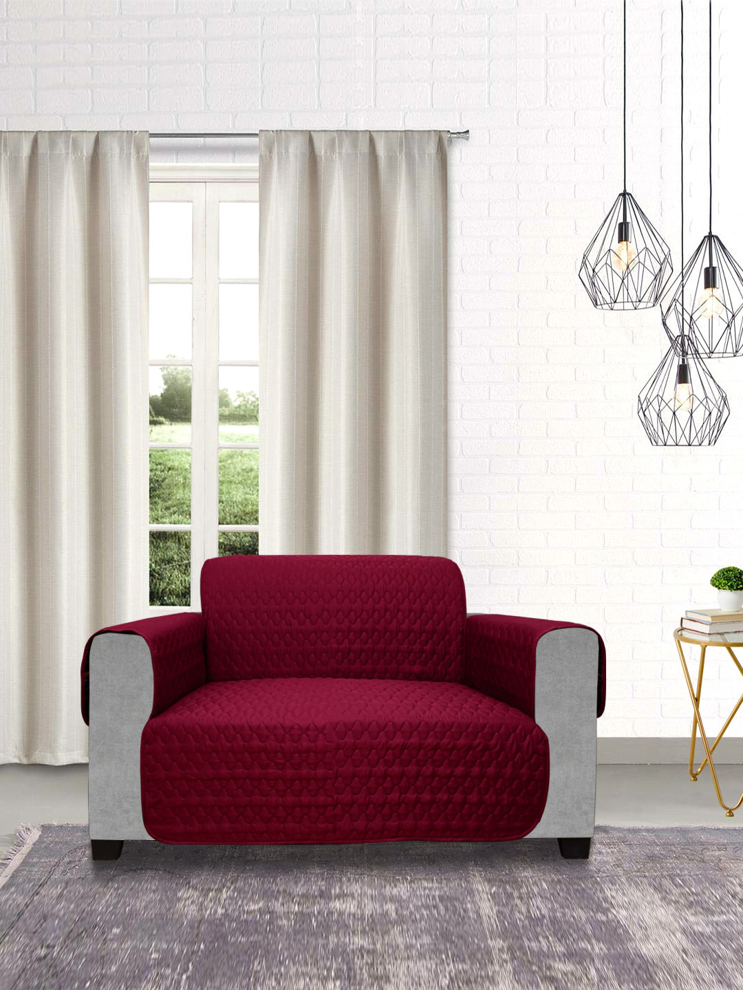 DREAM CARE Maroon & Coffee Brown Quilted Reversible 2 Seater Sofa Cover With Arms & Pocket