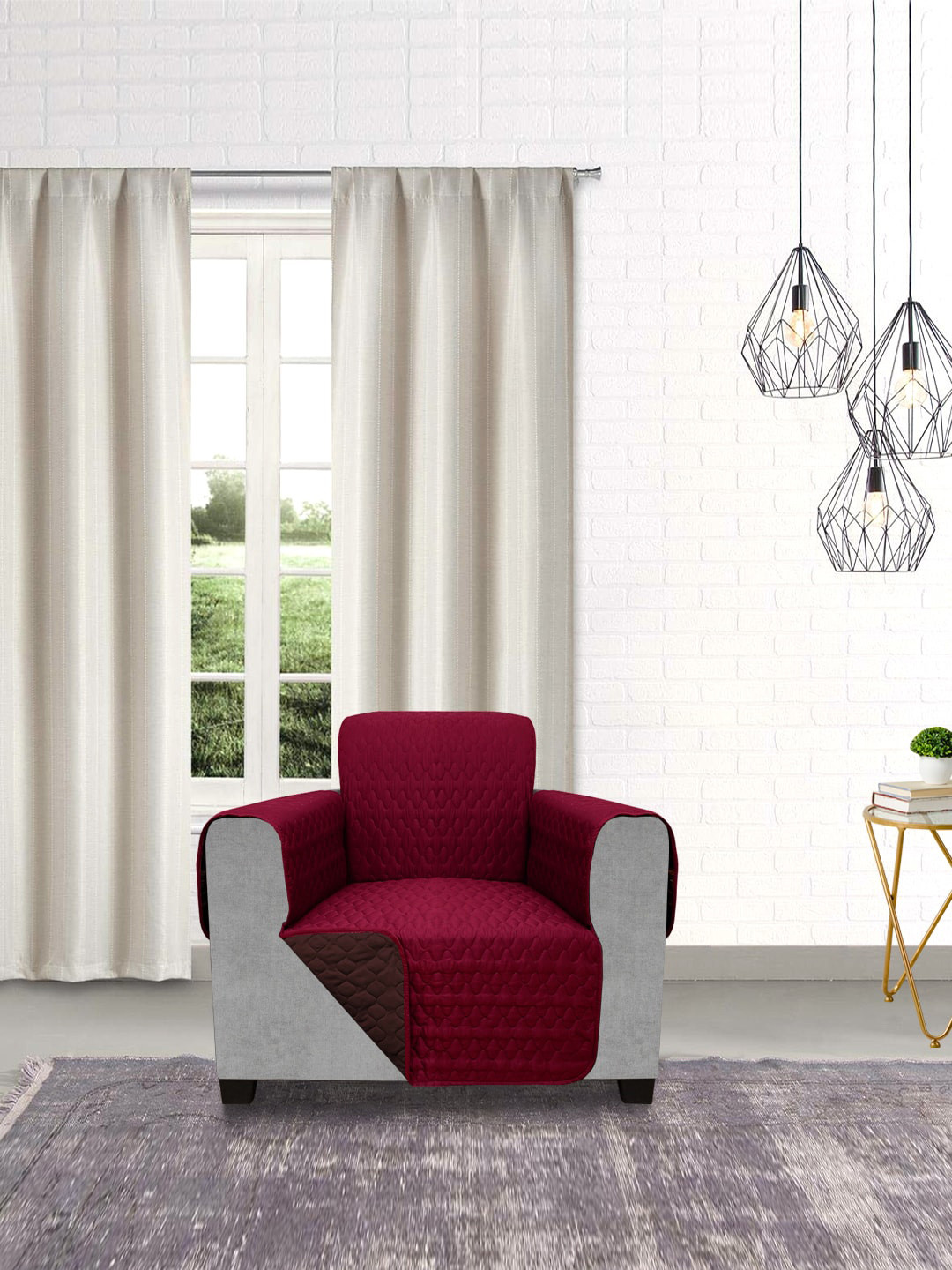 DREAM CARE Maroon & Coffee Brown Quilted Reversible 1-Seater Sofa Cover With Arms & Pocket