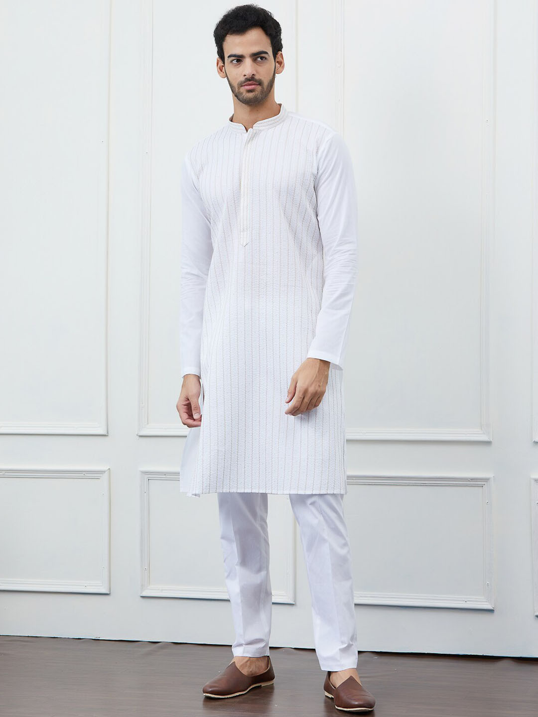 See Designs Striped Mandarin Collar Thread Work Pure Cotton Kurta with Trouser