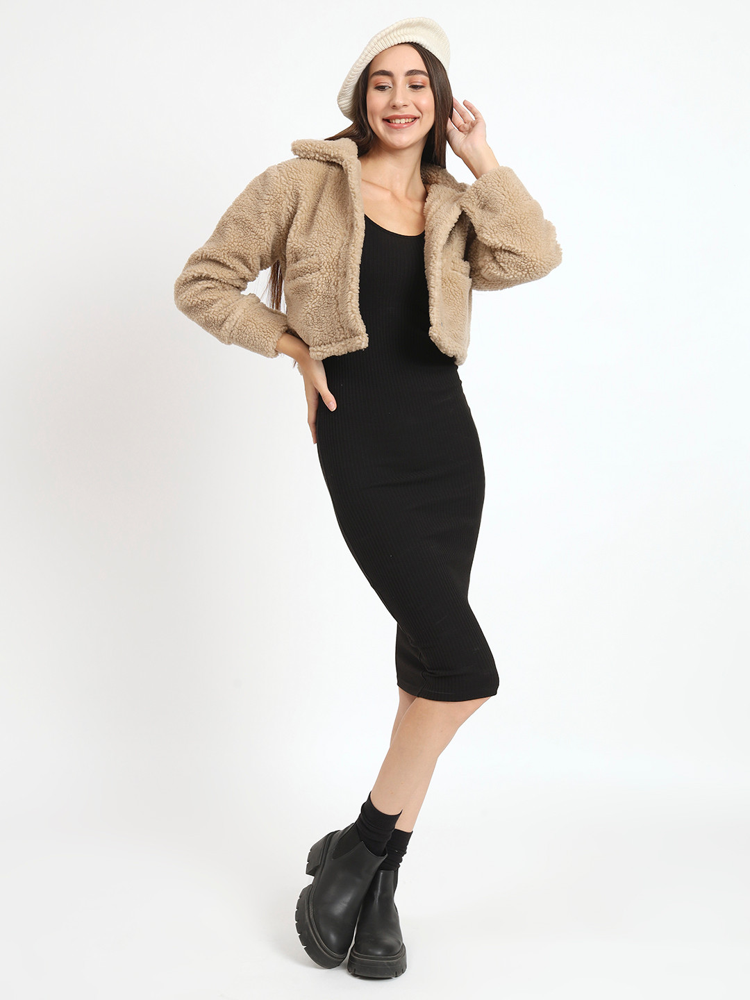 ANVI Be Yourself Beige Faux Fur Trim Crop Tailored Jacket
