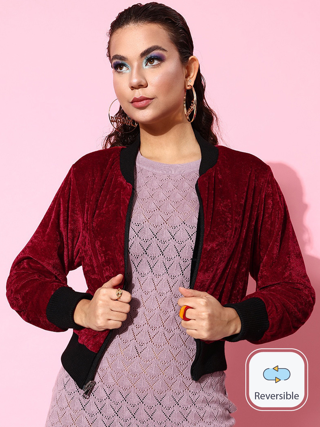 ANVI Be Yourself Maroon Faux Fur Trim Crop Open Front Jacket