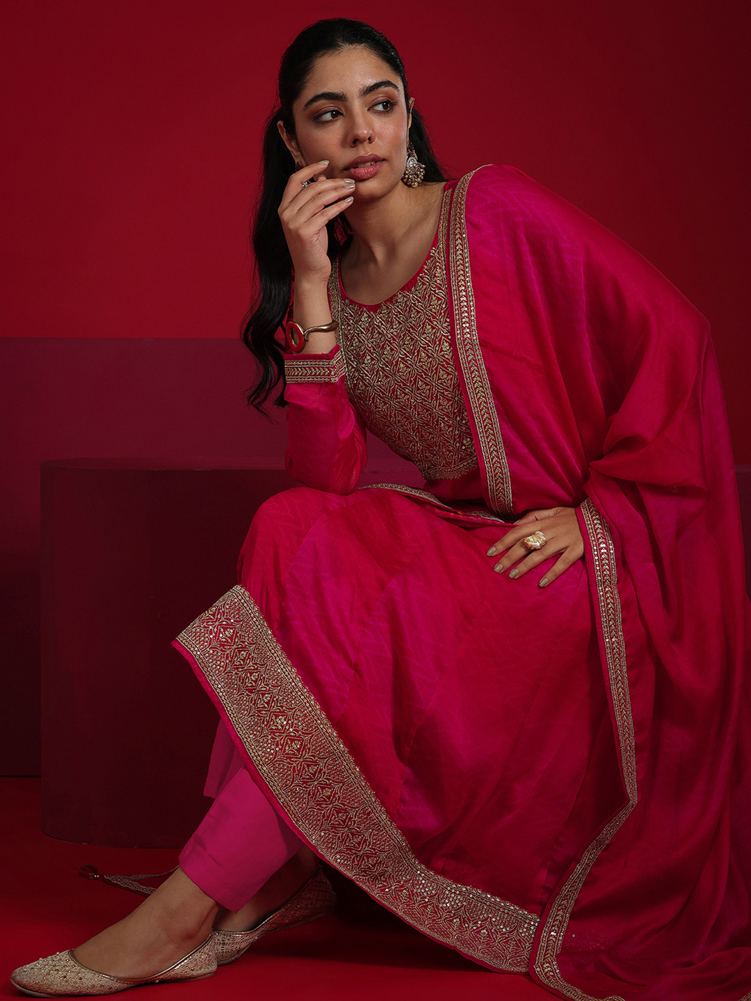 Libas Womens Pink Yoke Design Chiffon Anarkali Kurta With Trousers & Dupatta