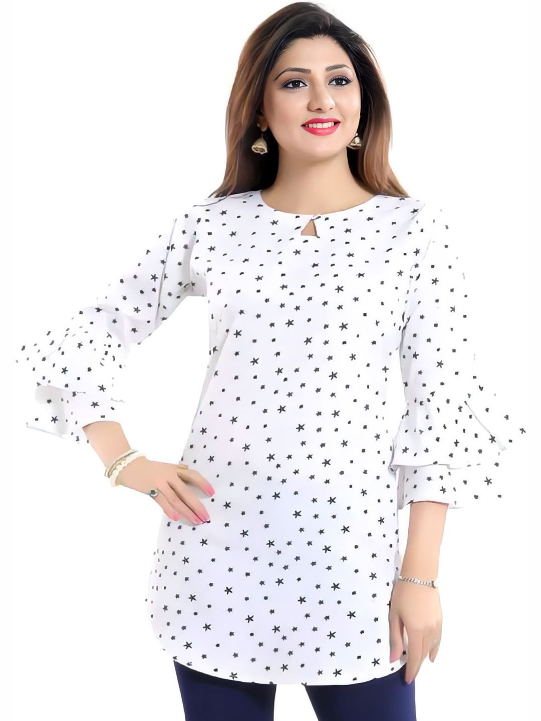 ZELZIS Conversational Printed Bell Sleeves Gathered Tunic