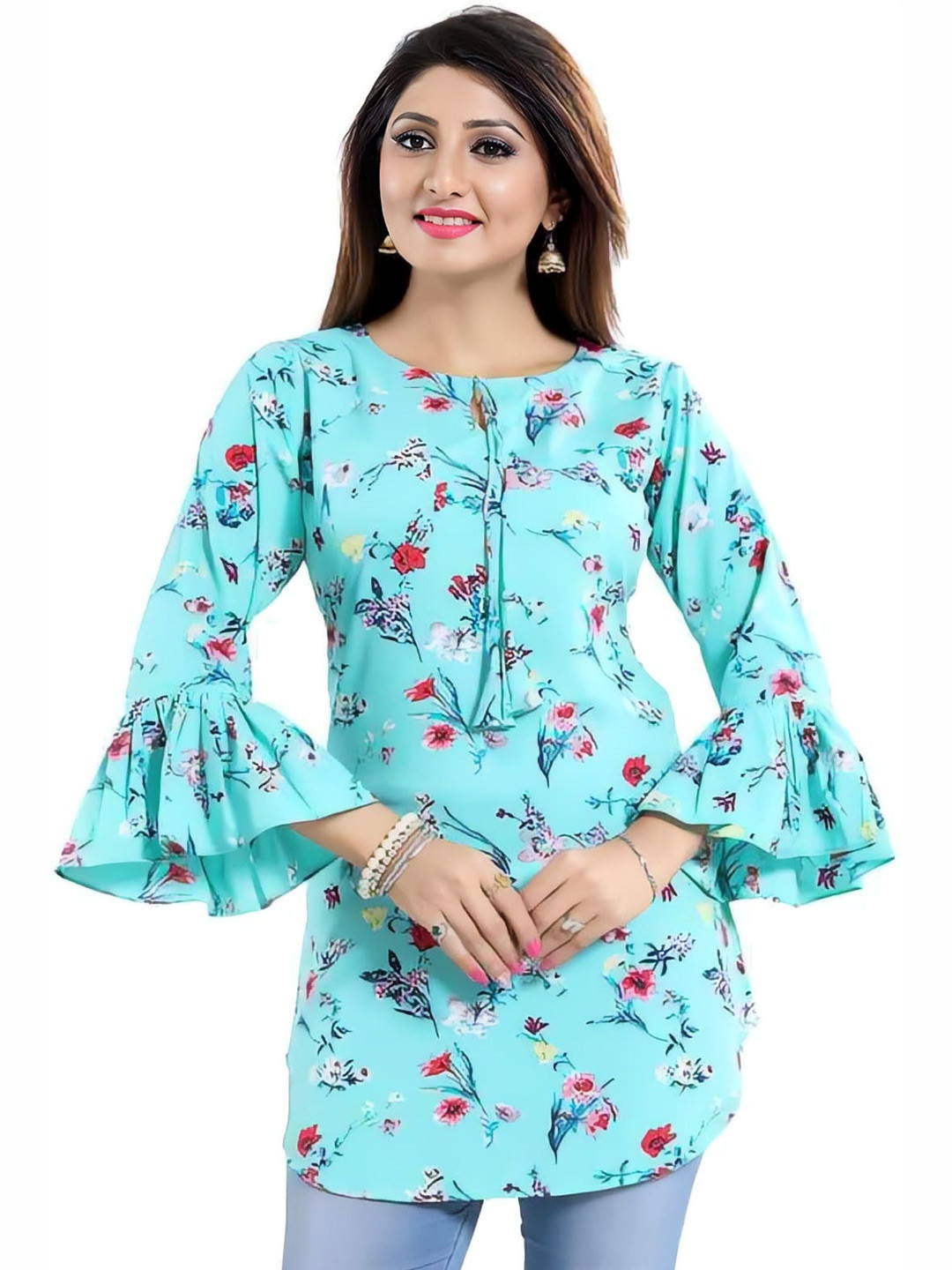ZELZIS Floral Printed Bell Sleeves Gathered Tunic