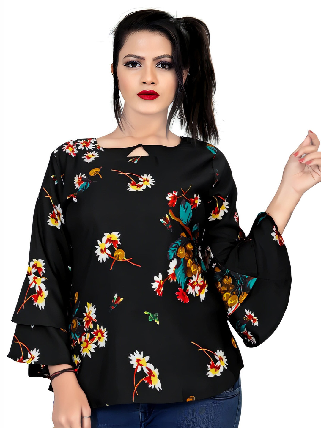 ZELZIS Floral Printed Bell Sleeves Gathered Tunic