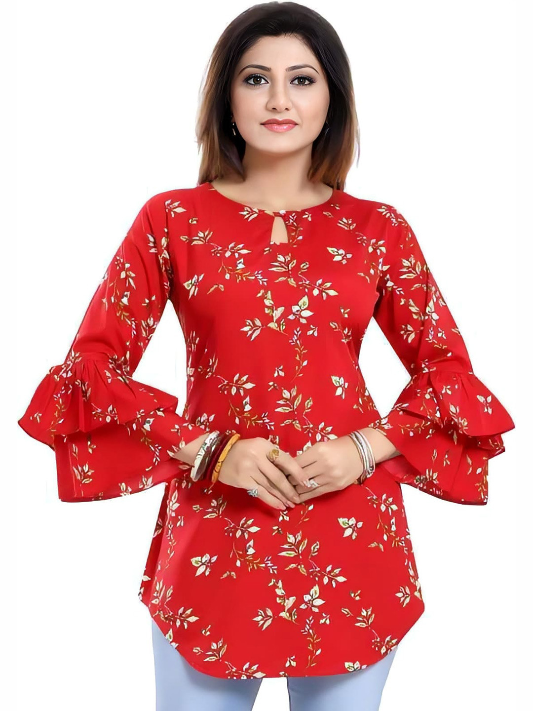 ZELZIS Floral Printed Bell Sleeves Gathered Tunic