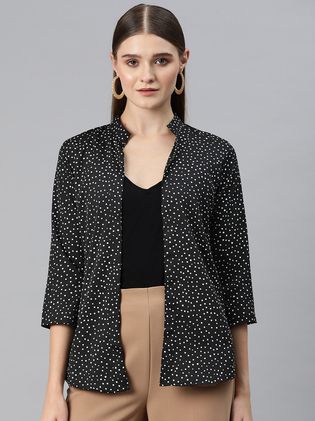Cottinfab Polka Dots Printed Mandarin Collar Monochrome Open Front Shrug