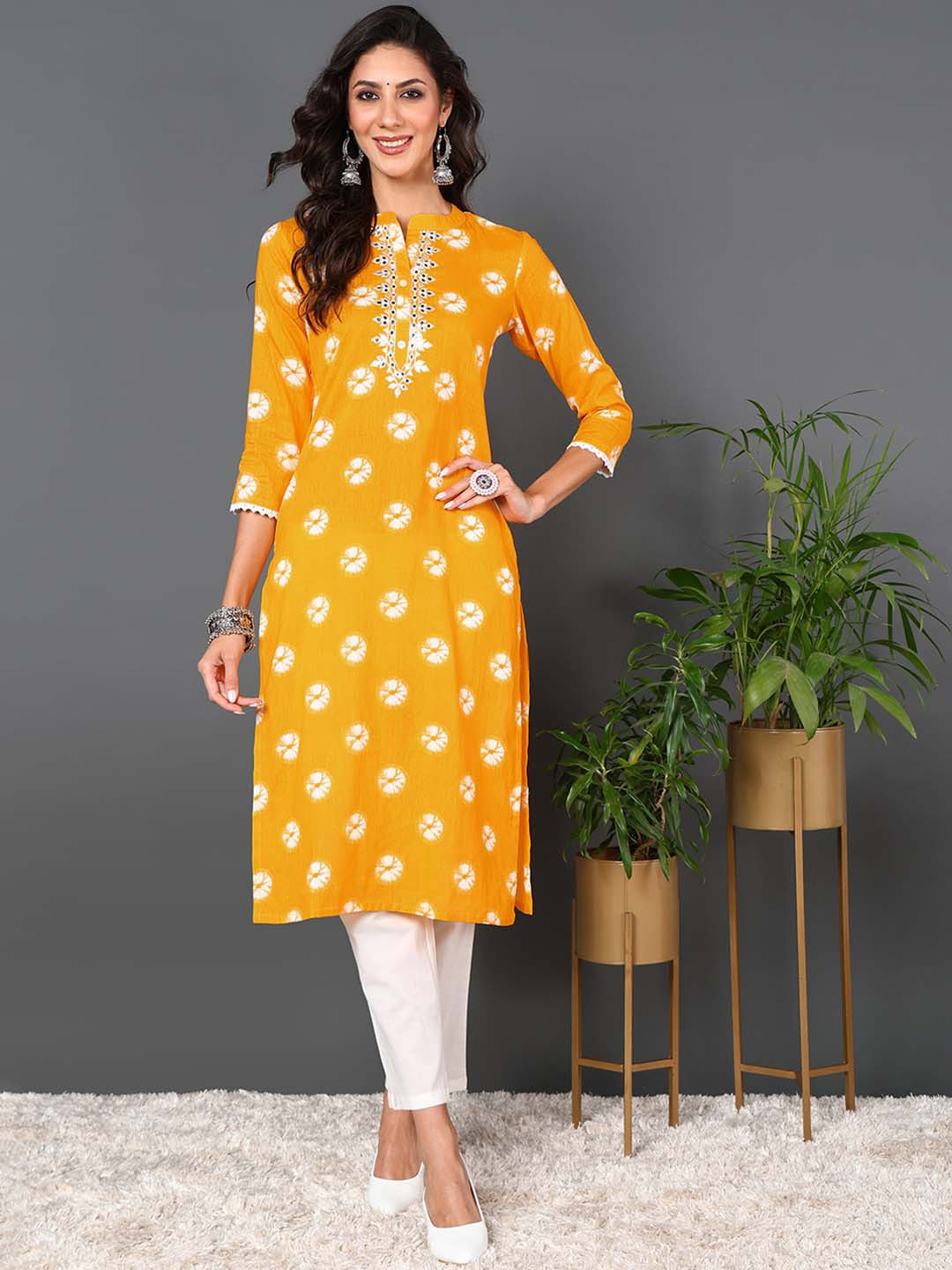 AHIKA Yellow Geometric Printed Mandarin Collar Mirror Work Pure Cotton Straight Kurta