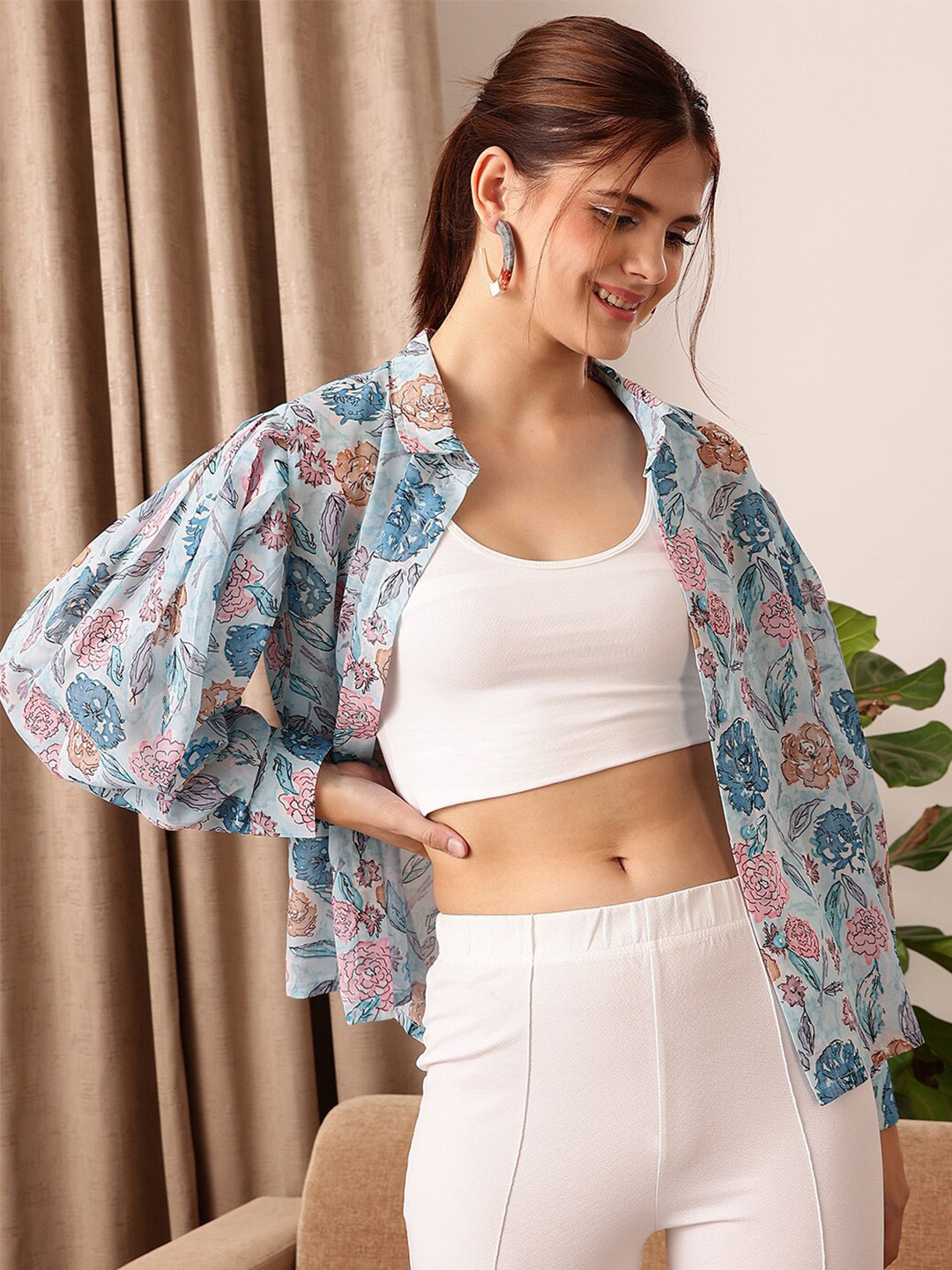 STREET 9 Blue Floral Printed Puff Sleeves Shirt Style Top