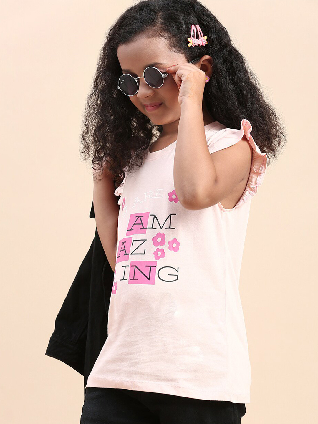 CODEZ Girls Typography Printed Flutter Sleeves Pure Cotton Top