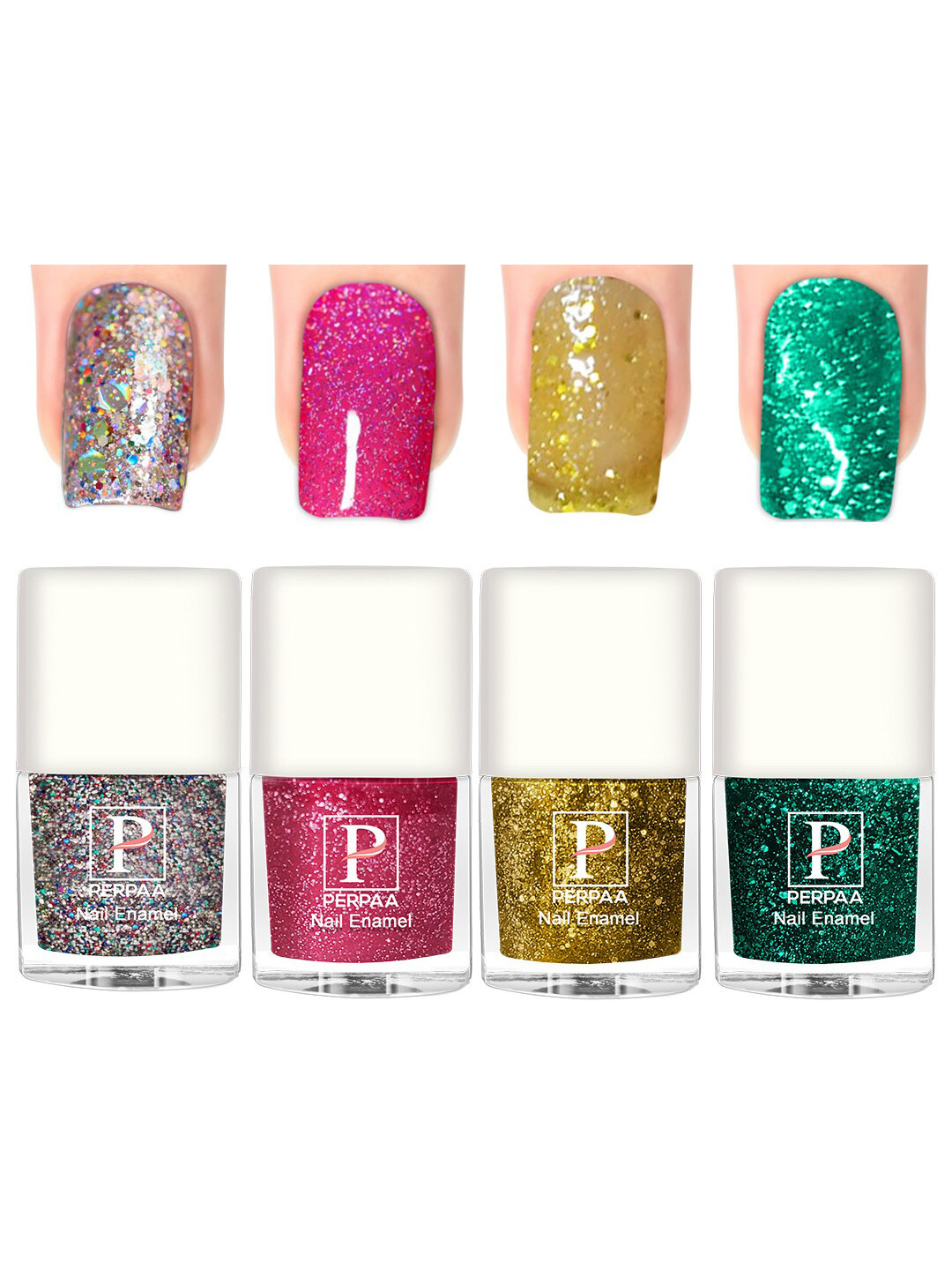 PERPAA 4Pcs Long Lasting Gel Nail Polish 5ml Each - Light Pink, Yellow, Dark Green, Silver