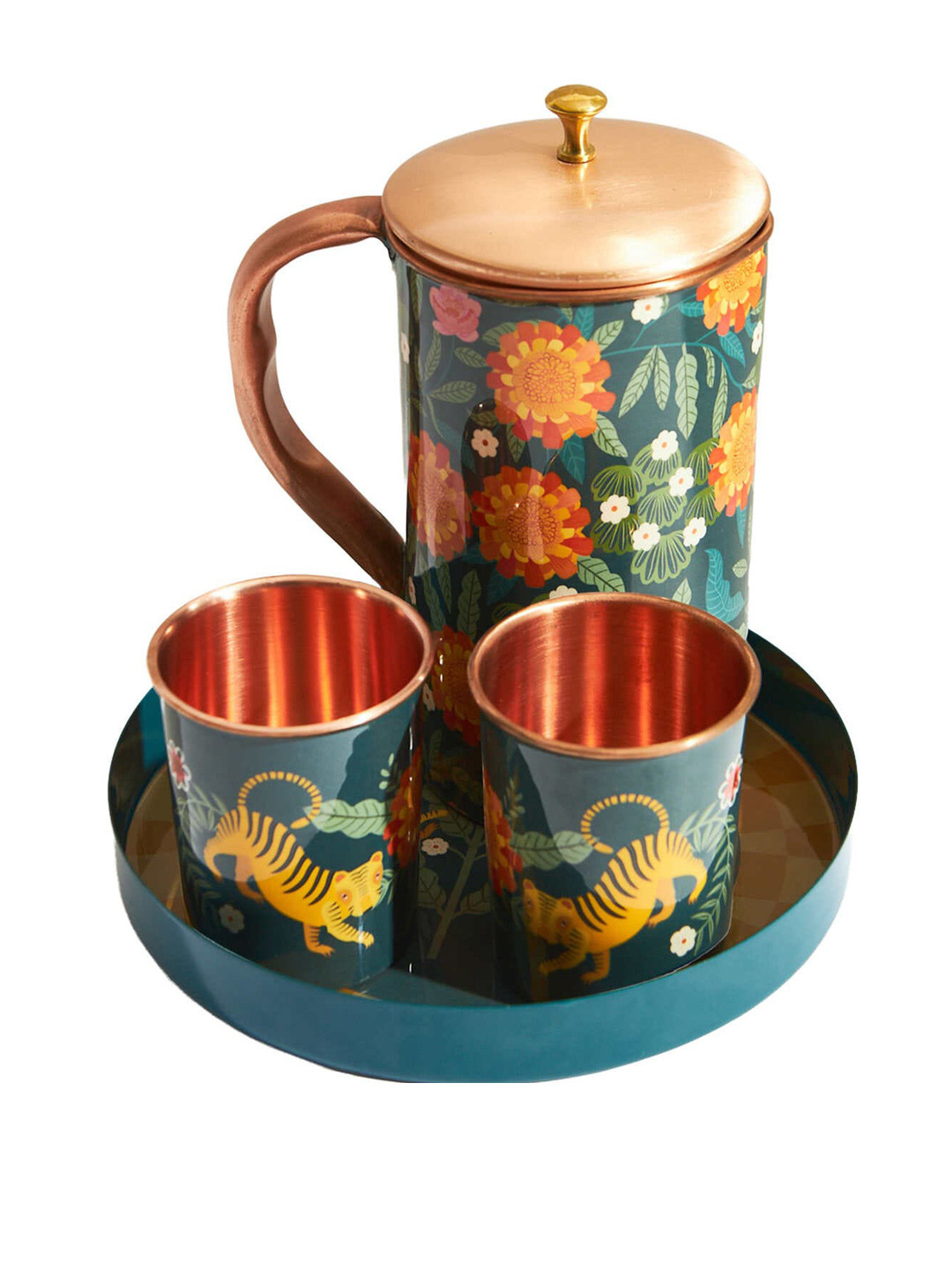 Chumbak Blue 3-Pieces Jug & Glasses Copperware Sher Daawat Gift Box