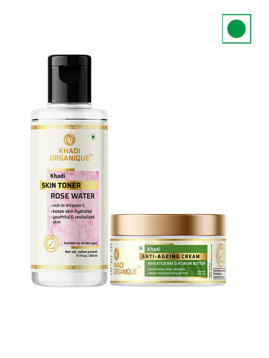 Khadi Organique 2Pcs Khadi Skin Toner With Rose Water 210ml & Anti-Ageing Cream - 50g