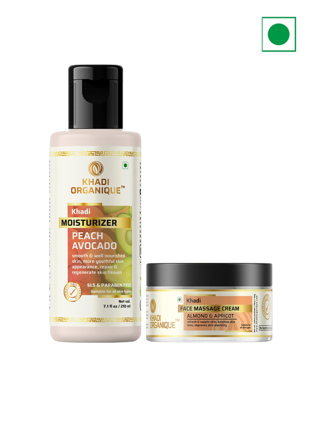 Khadi Organique 2Pcs Khadi Moisturizer With Peach & Avocado 210ml & Massage Cream 50g